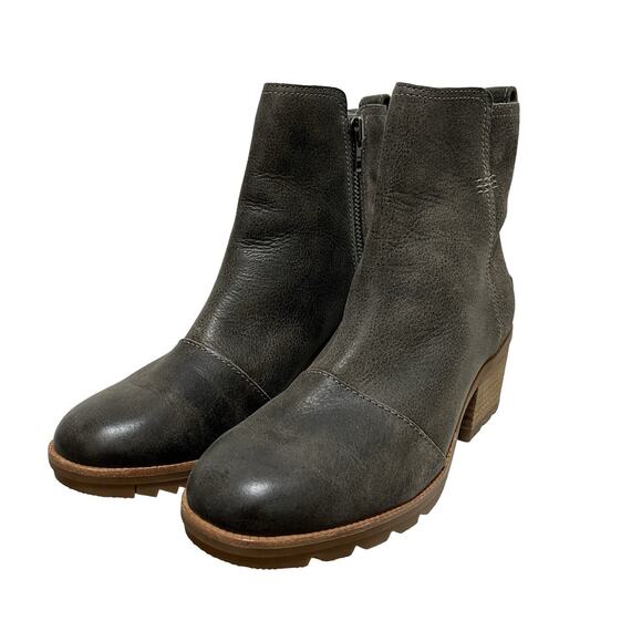 Sorel Womens Cate Leather Heeled Ankle Boots US 7 Army Green Waterproof Side Zip - Picture 2 of 10